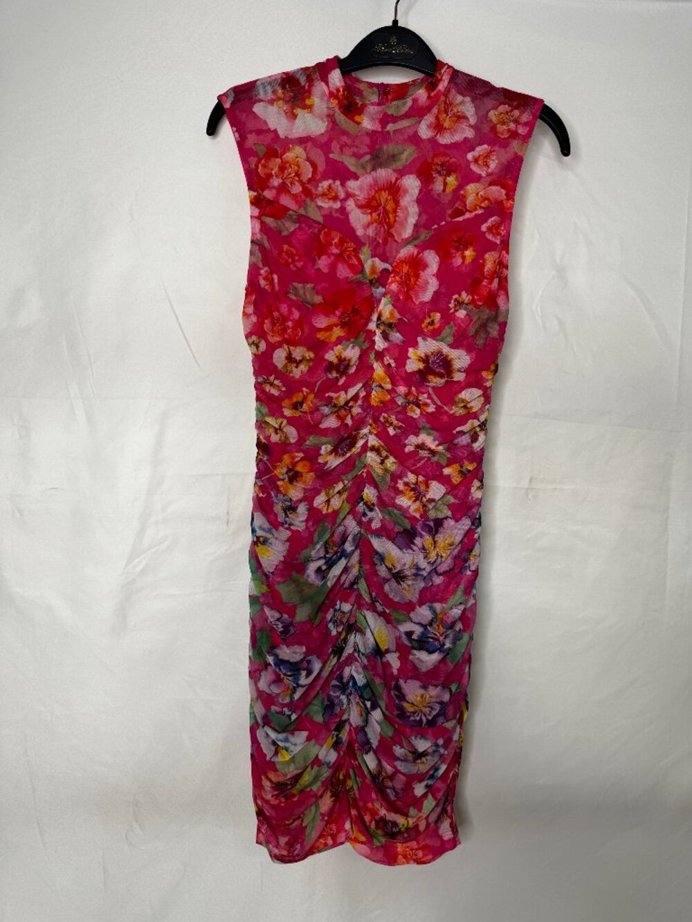 NWOT Black Halo Kobe Pink Floral Ruched Mesh Mini Dress Size 2